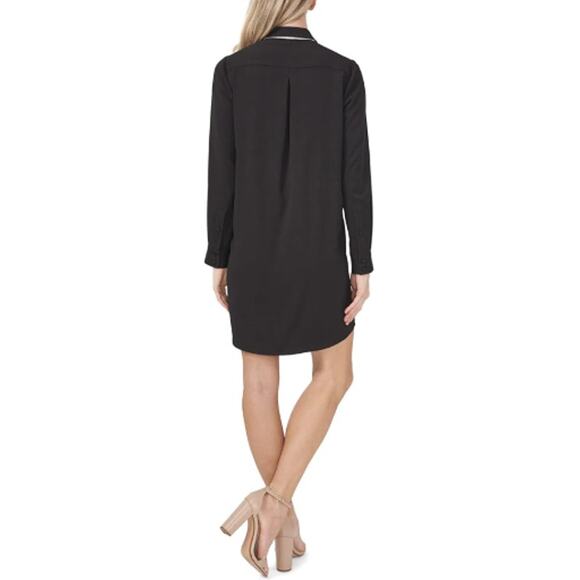 CeCe Women's Rich Black Mixed Media Bow-Neck Button-Down Dress Size 10 - Picture 2 of 9